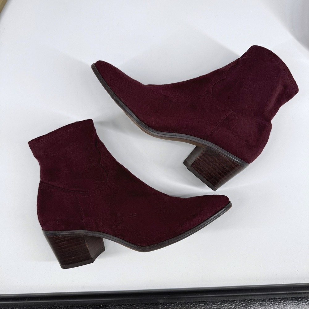 Franco Sarto L Shaneen Ankle Boots 7M Burgundy Faux Suede Pointed Toe Block Heel